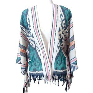 Batik Indonesian Boho Ikat Print Kimono Cardigan Draped Open Front Fringe Wrap